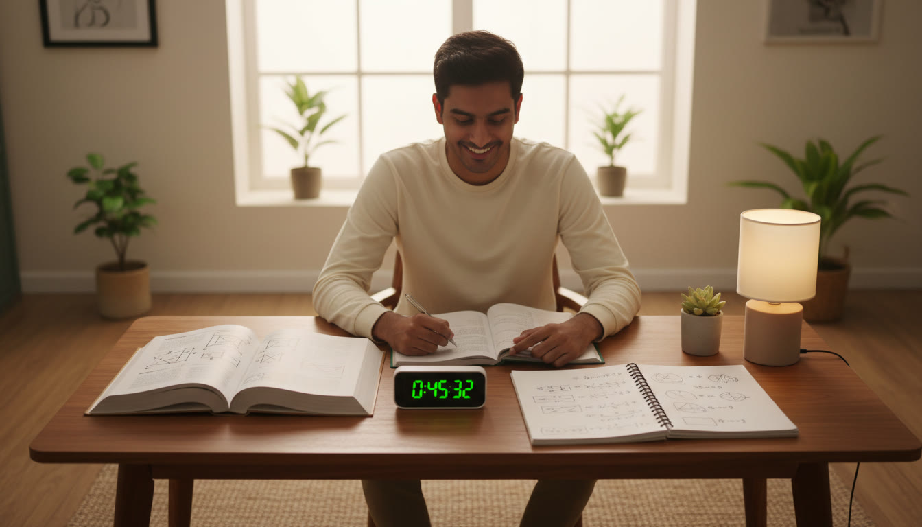 Photo Idea : Student at a tidy study desk with physics and math books open, a timer showing active study, and a notebook with problem-solving steps