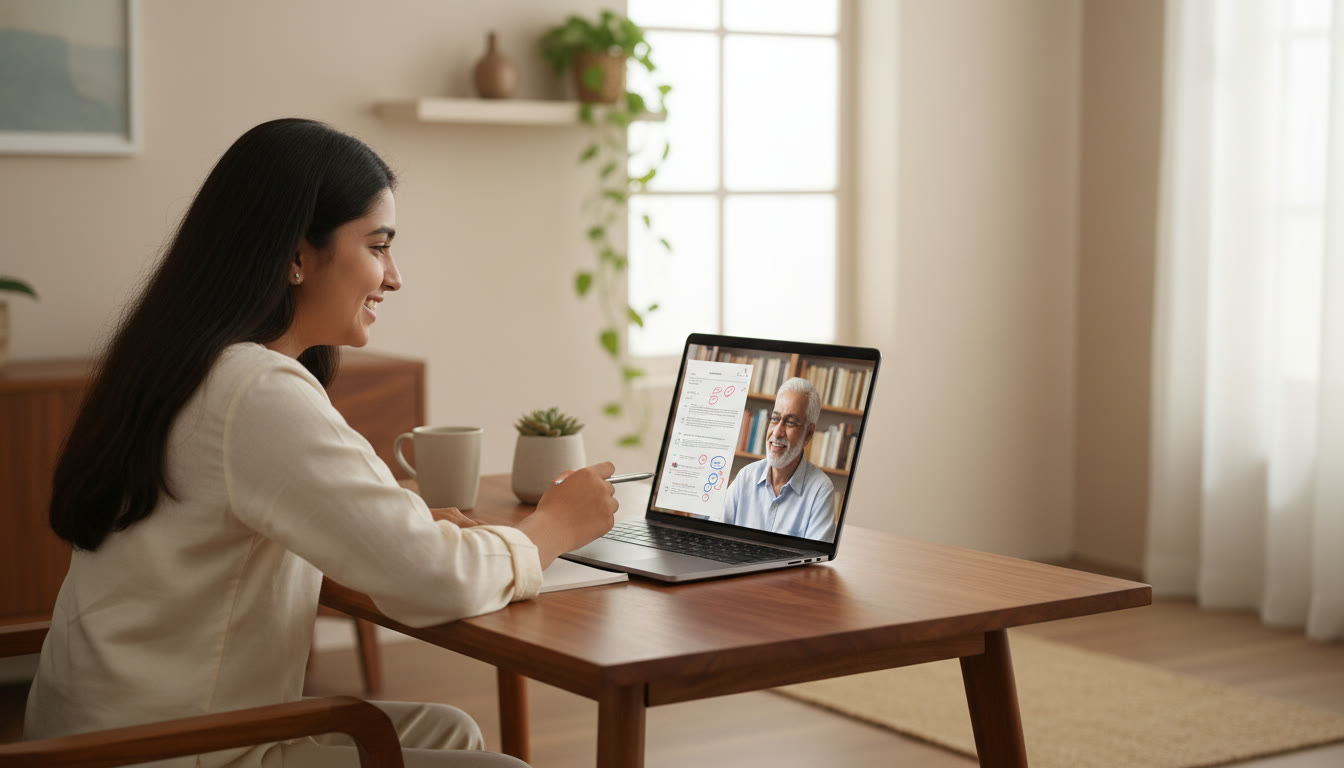 Photo Idea : Student and tutor on a video call, both looking at a marked paper on screen