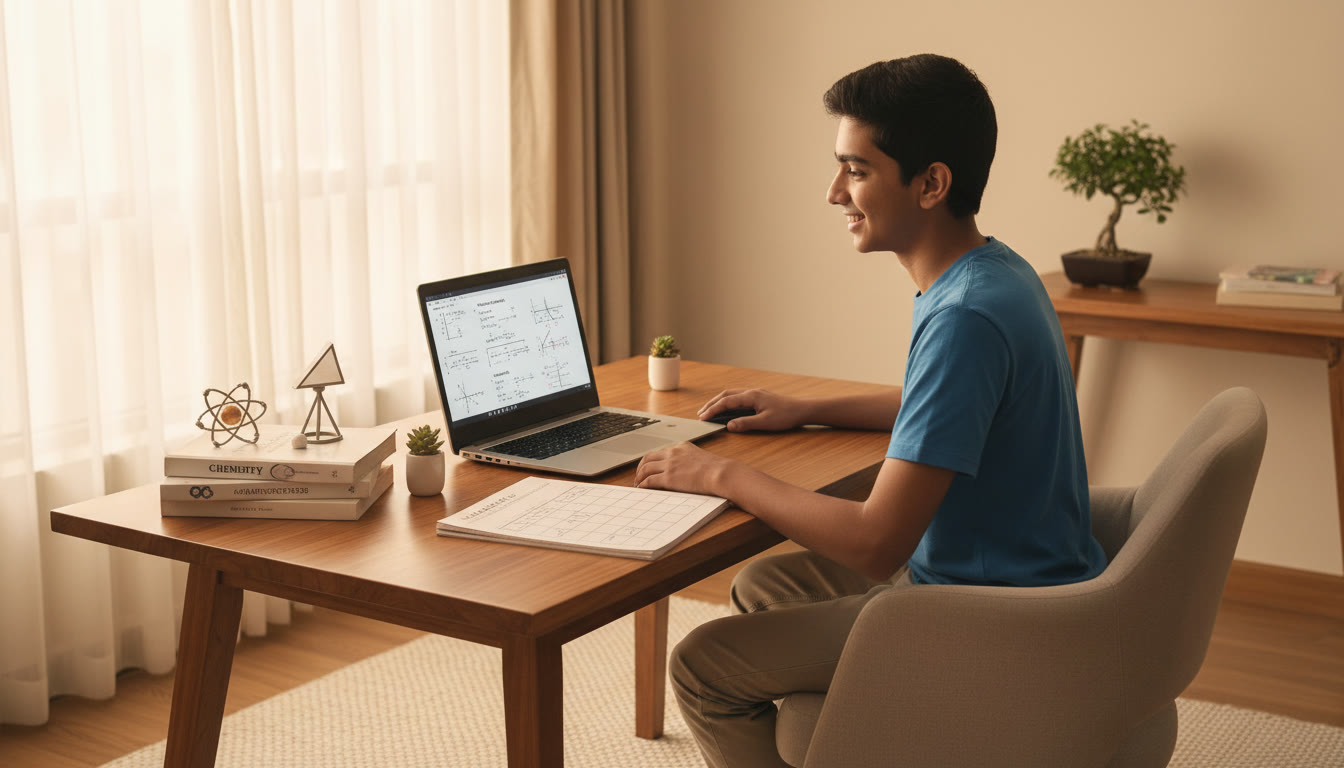 Photo Idea : A focused student at a clean desk with physics, chemistry, and math books, a laptop showing practice questions, and a notepad with a weekly schedule