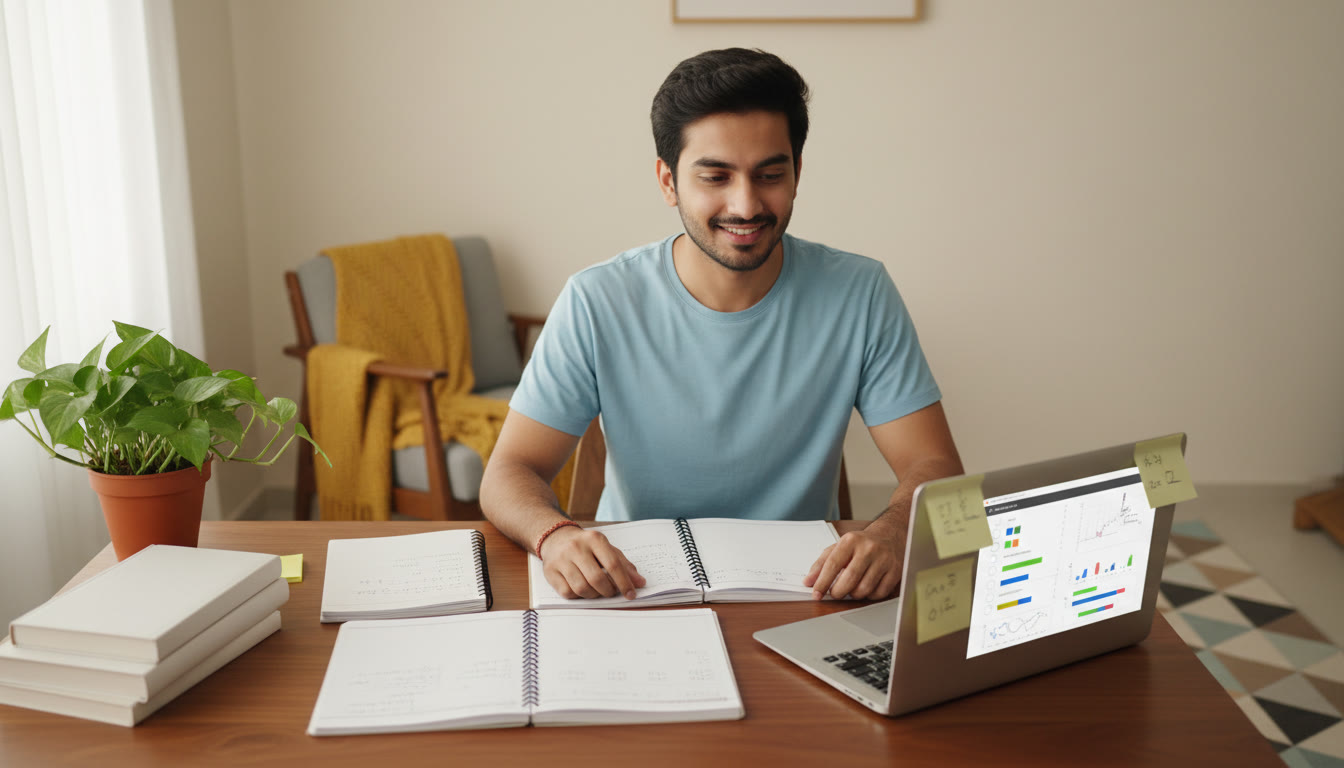 Photo Idea : A focused student at a desk with notebooks open, a laptop showing a practice test interface, and sticky notes marking core topics