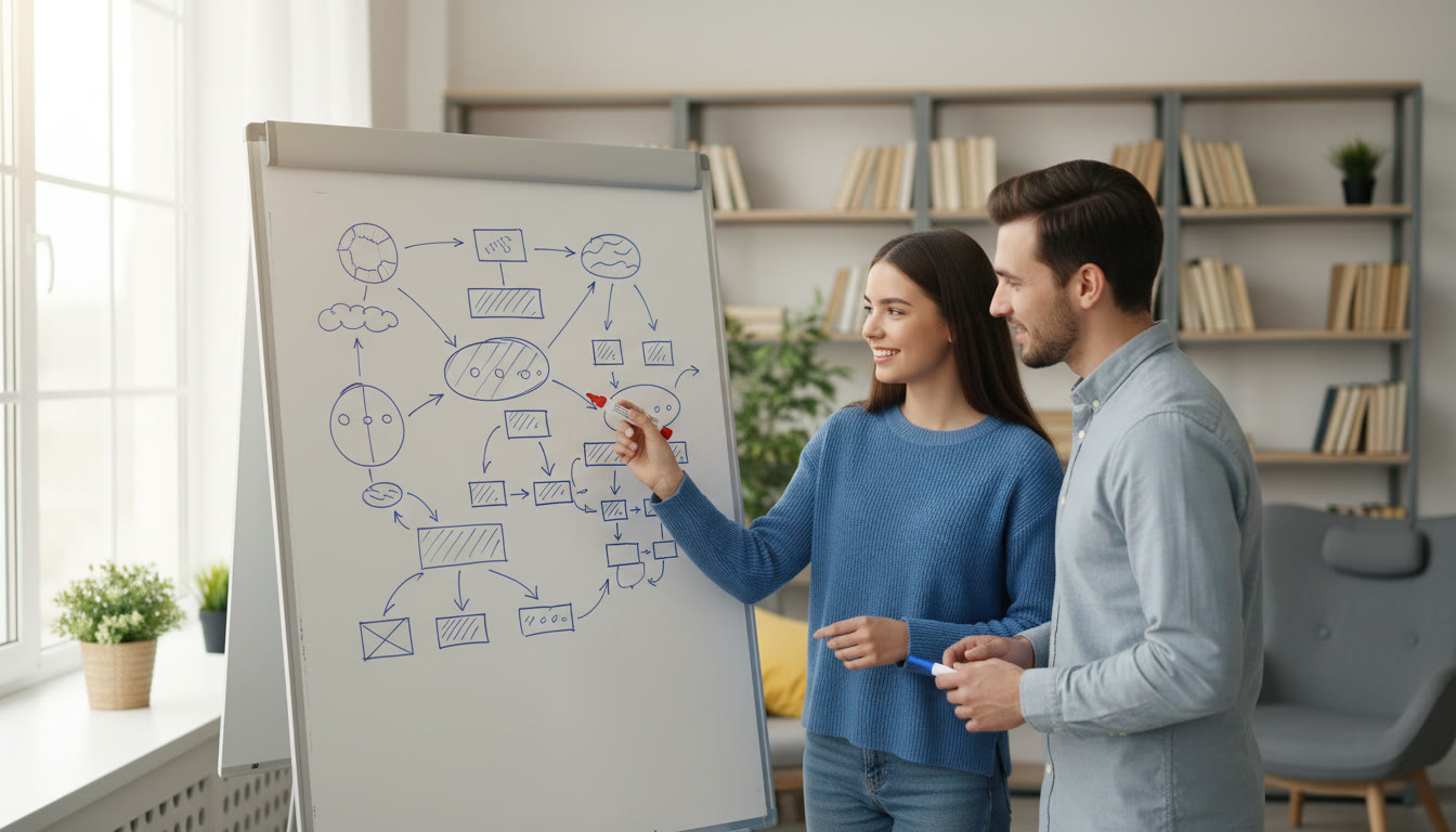 Photo Idea : A student working with a tutor at a whiteboard, diagramming an argument