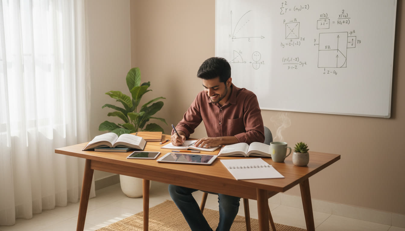 Photo Idea : A focused student solving problems at a desk with physics diagrams on a whiteboard nearby