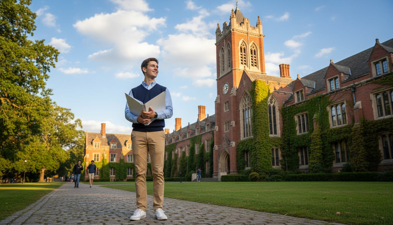 Photo Idea : An IB student holding a binder and looking toward a historic university building on a bright day