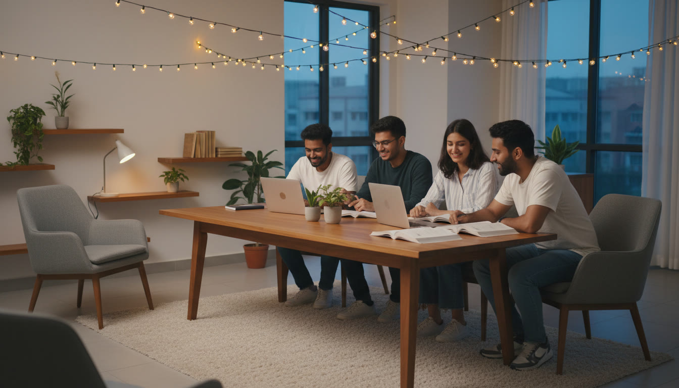 Photo Idea : A late-evening study group huddled with laptops inside a campus common room with string lights