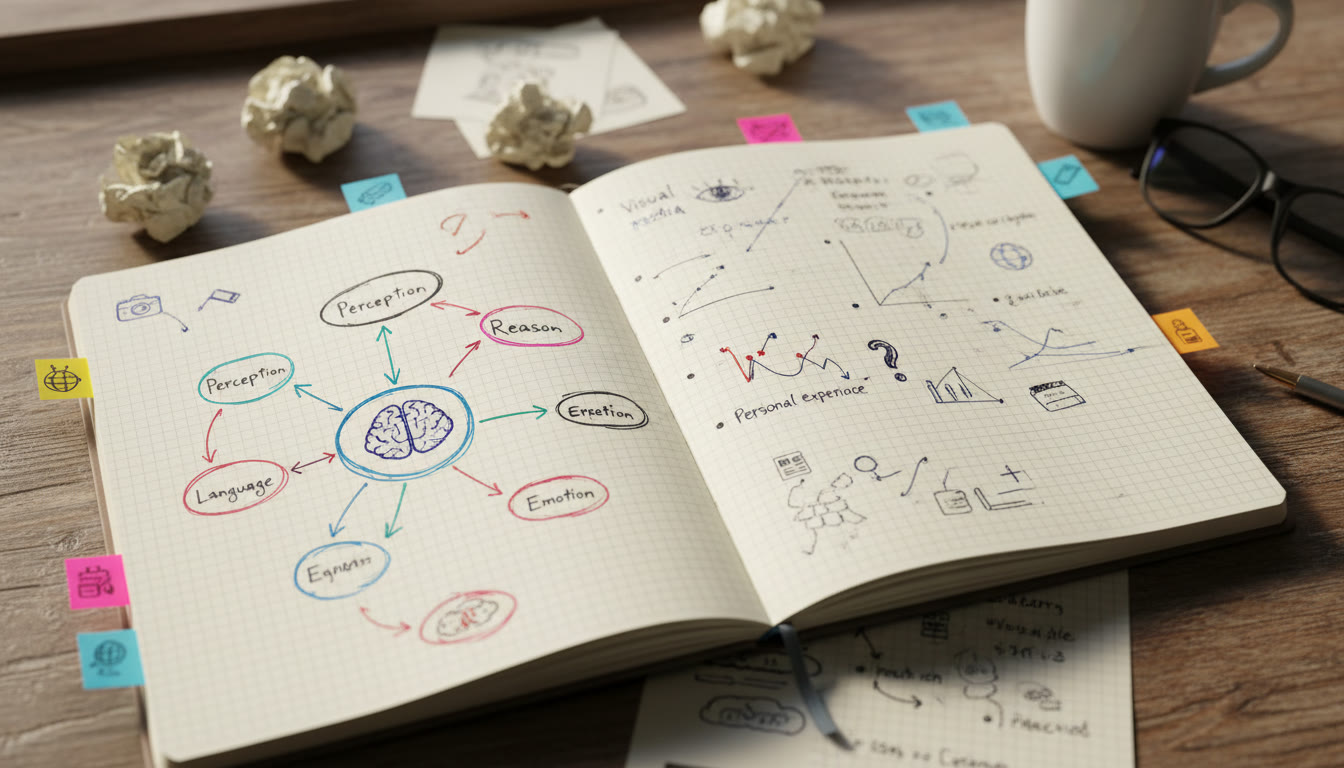 Photo Idea : Close-up of a notebook with TOK notes, sticky tabs marking examples and sources