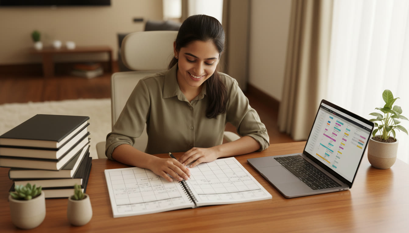 Photo Idea : Student at a desk with an open planner, textbooks stacked neatly, and a laptop showing a timetable