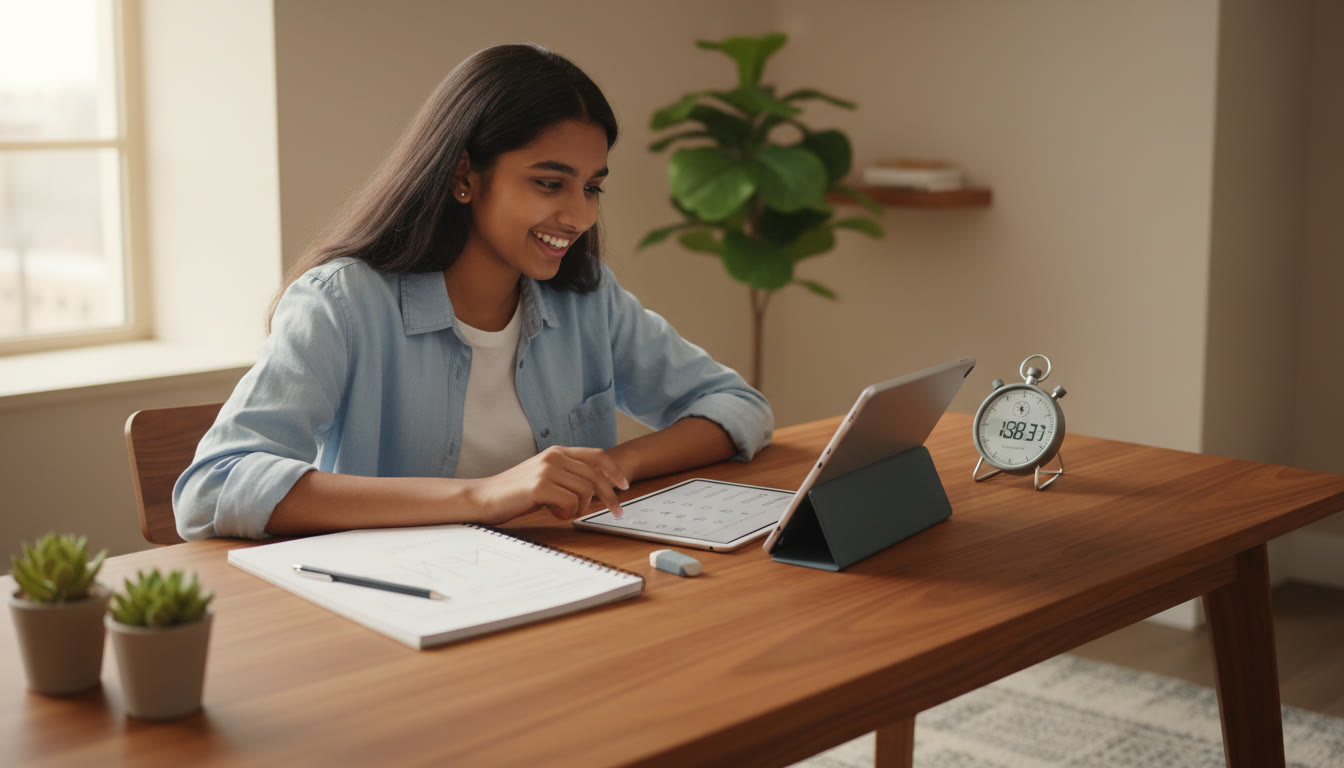 Photo Idea : Student at a desk taking a timed full-length mock test with a visible stopwatch and notebook.