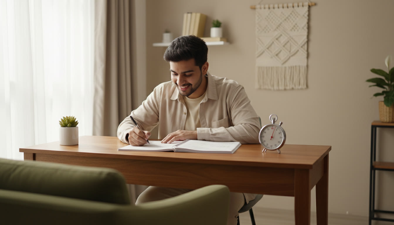 Photo Idea : Student sitting at a desk taking a timed mock test with an OMR sheet and a visible stopwatch
