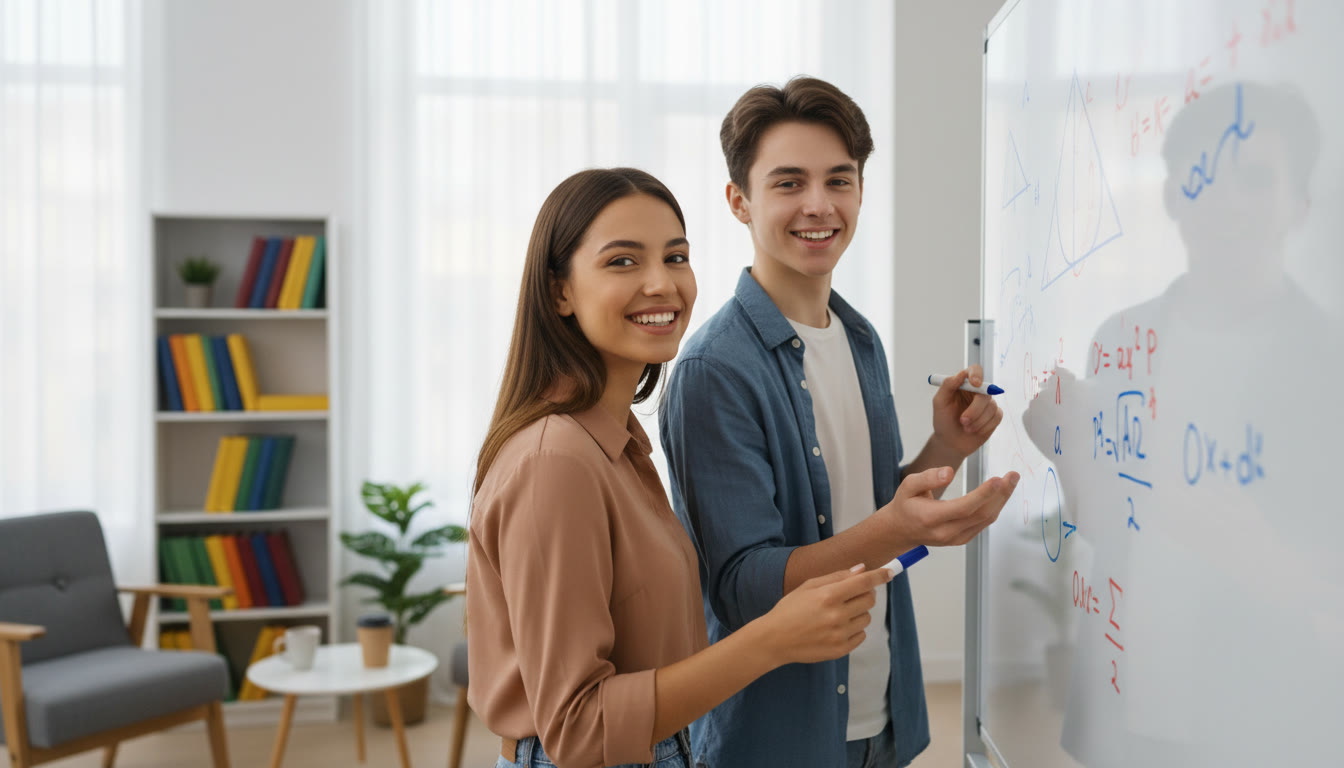 Photo Idea : A tutor and student working through a problem on a whiteboard, smiling