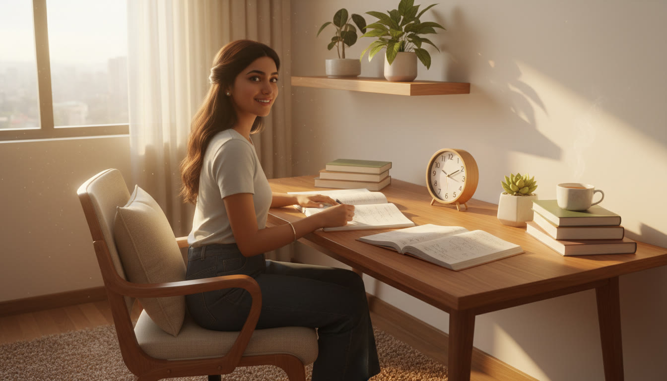 Photo Idea : Student at a tidy study desk with NEET notes, a clock showing focused study time and a cup of tea