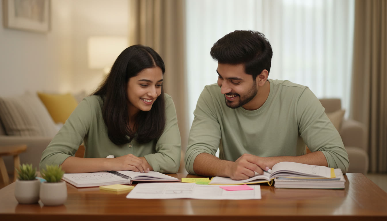 Photo Idea : Two students calmly reviewing answers at a table with revision notes and a mock test spread out