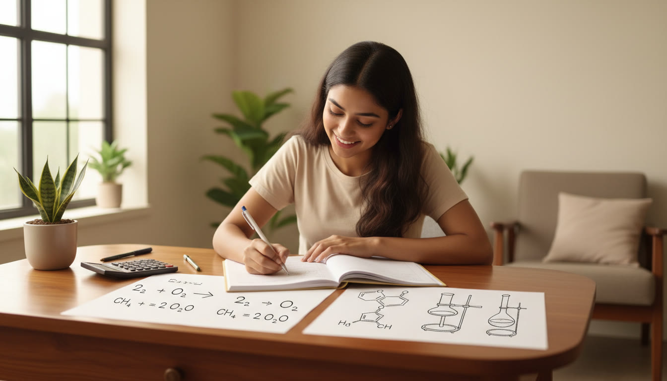 Photo Idea : Student writing answers in a chemistry exam with a neat page showing balanced equations and labeled diagrams