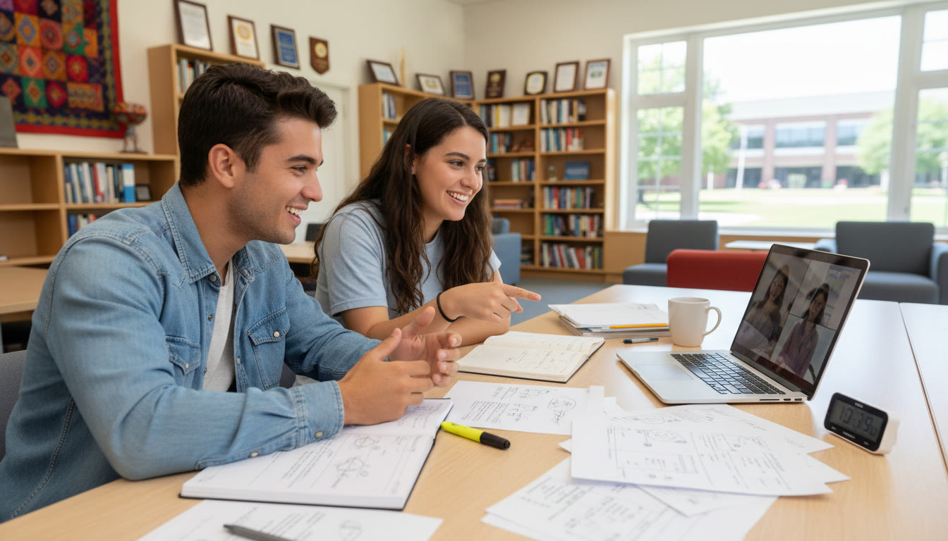 Photo Idea : Two students practicing a mock interview over a laptop with notes and a timer