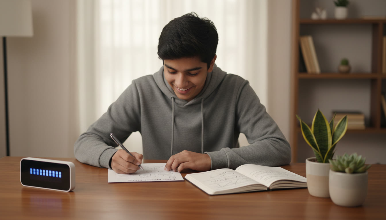 Photo Idea : A focused student at a desk with a visible timer, a mock test sheet, and a tidy study notebook