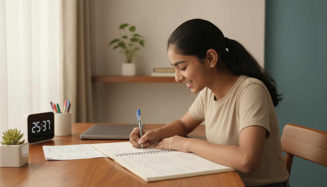 Photo Idea : A student writing at a desk with a neatly organized notebook, question paper and a timer