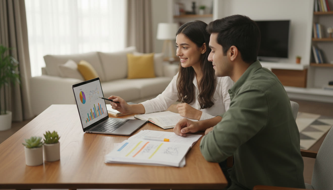 Photo Idea : A tutor and student discussing a practice paper with a laptop showing analytics and a notebook open with highlighted notes