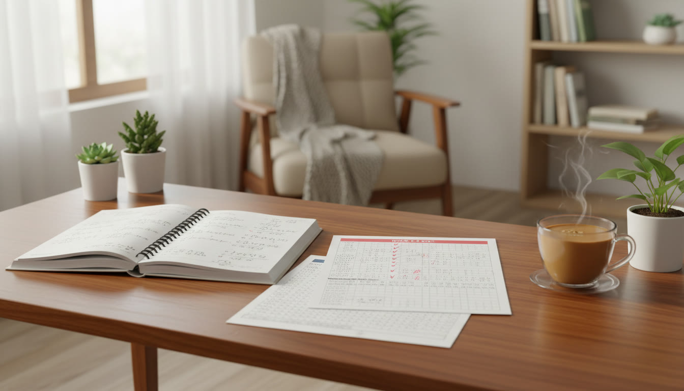 Photo Idea : A quiet study desk with an open notebook, a solved mock test paper, a blank OMR sheet, and a cup of tea in soft morning light