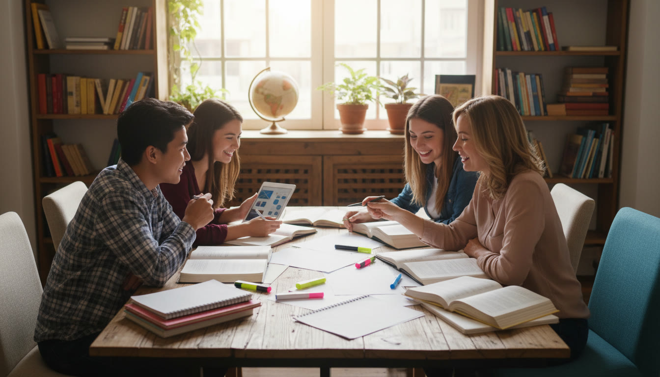 Photo Idea : Small study group reviewing annotated essays at a table with a teacher
