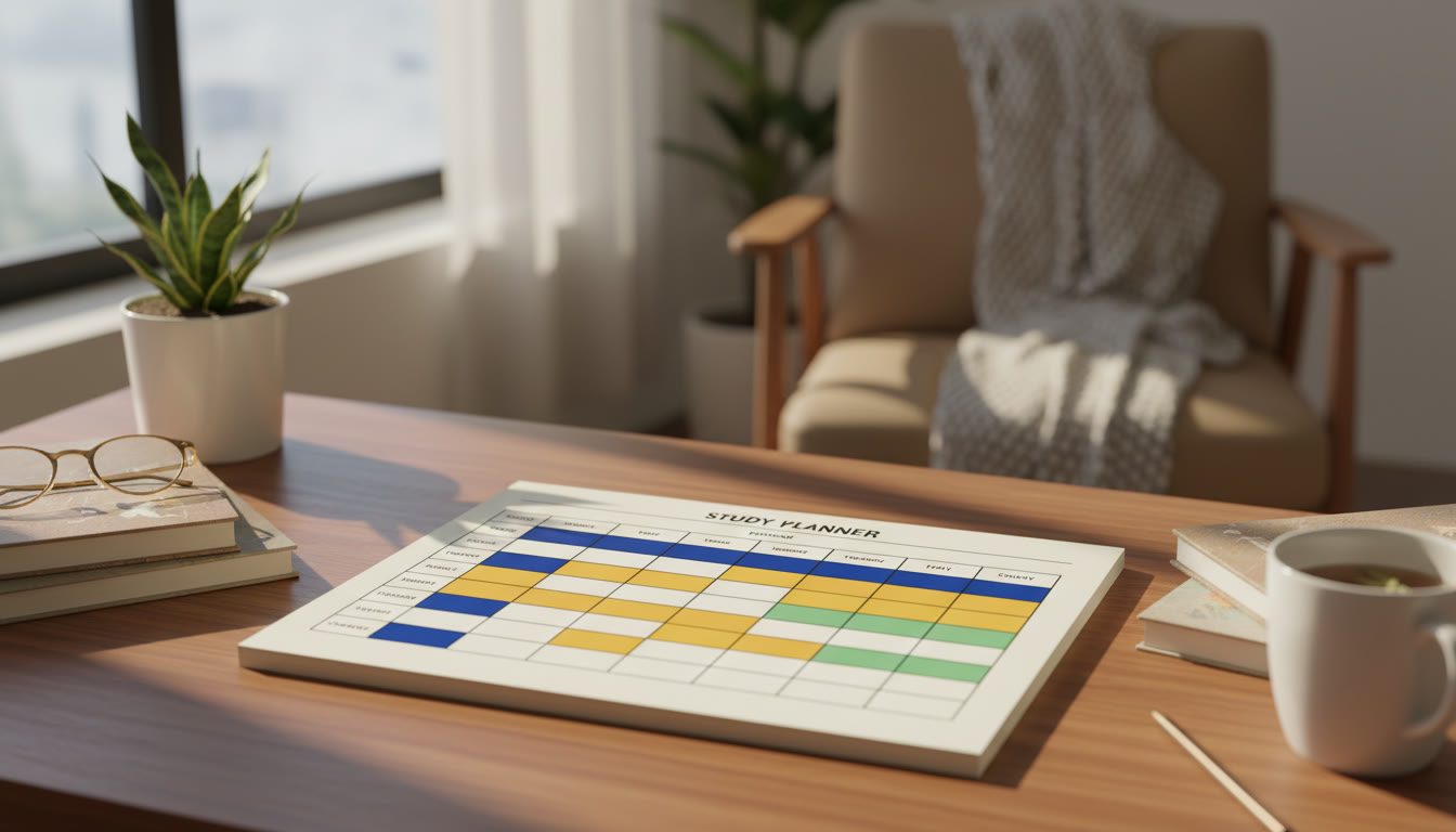 Photo Idea : A neat study planner page with chapters assigned to days, colour-coded for high, medium and low weight topics