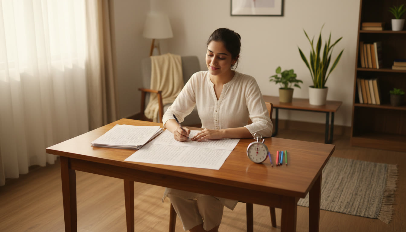 Photo Idea : student taking a full-length mock test at a desk with a stopwatch and an OMR-style answer sheet