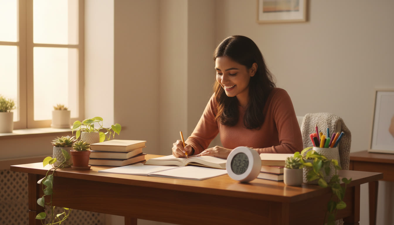 Photo Idea : A focused student at a study desk with NEET notes, open textbook, and a timer.