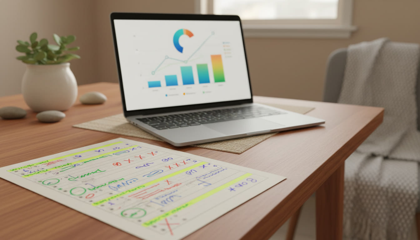 Photo Idea : Close-up of a marked mock answer paper with coloured notes and correction marks beside a laptop showing progress analytics.