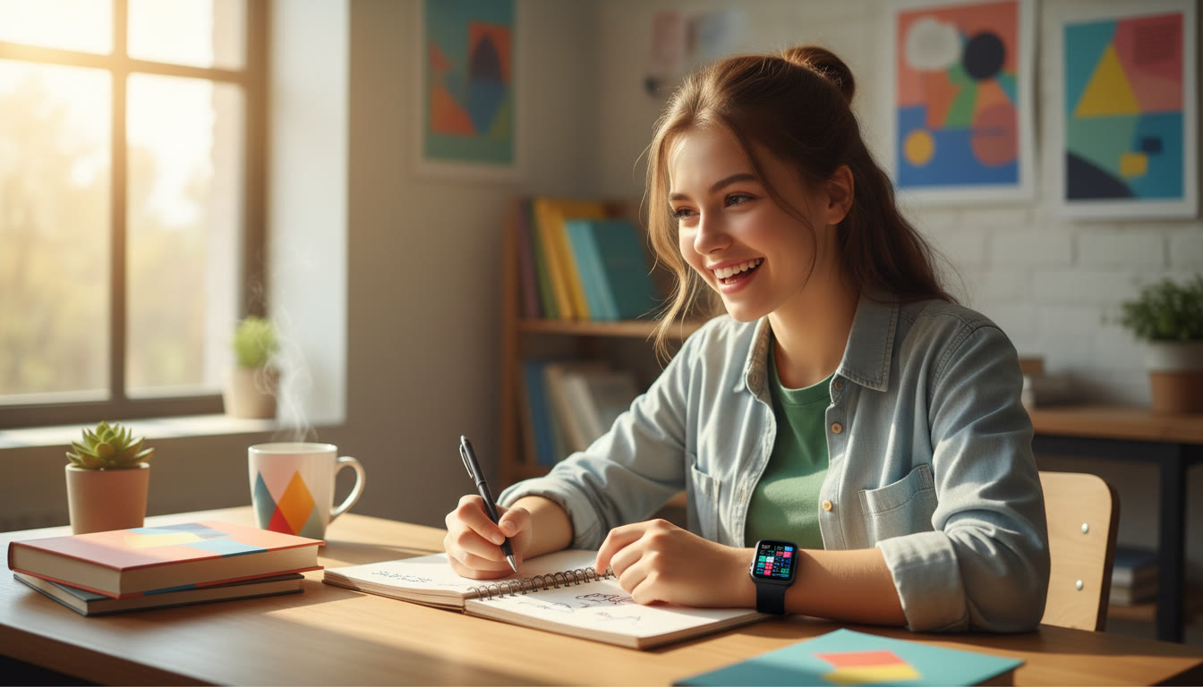 Photo Idea : student at a sunlit desk looking energized with open notebook and a smartwatch showing schedule
