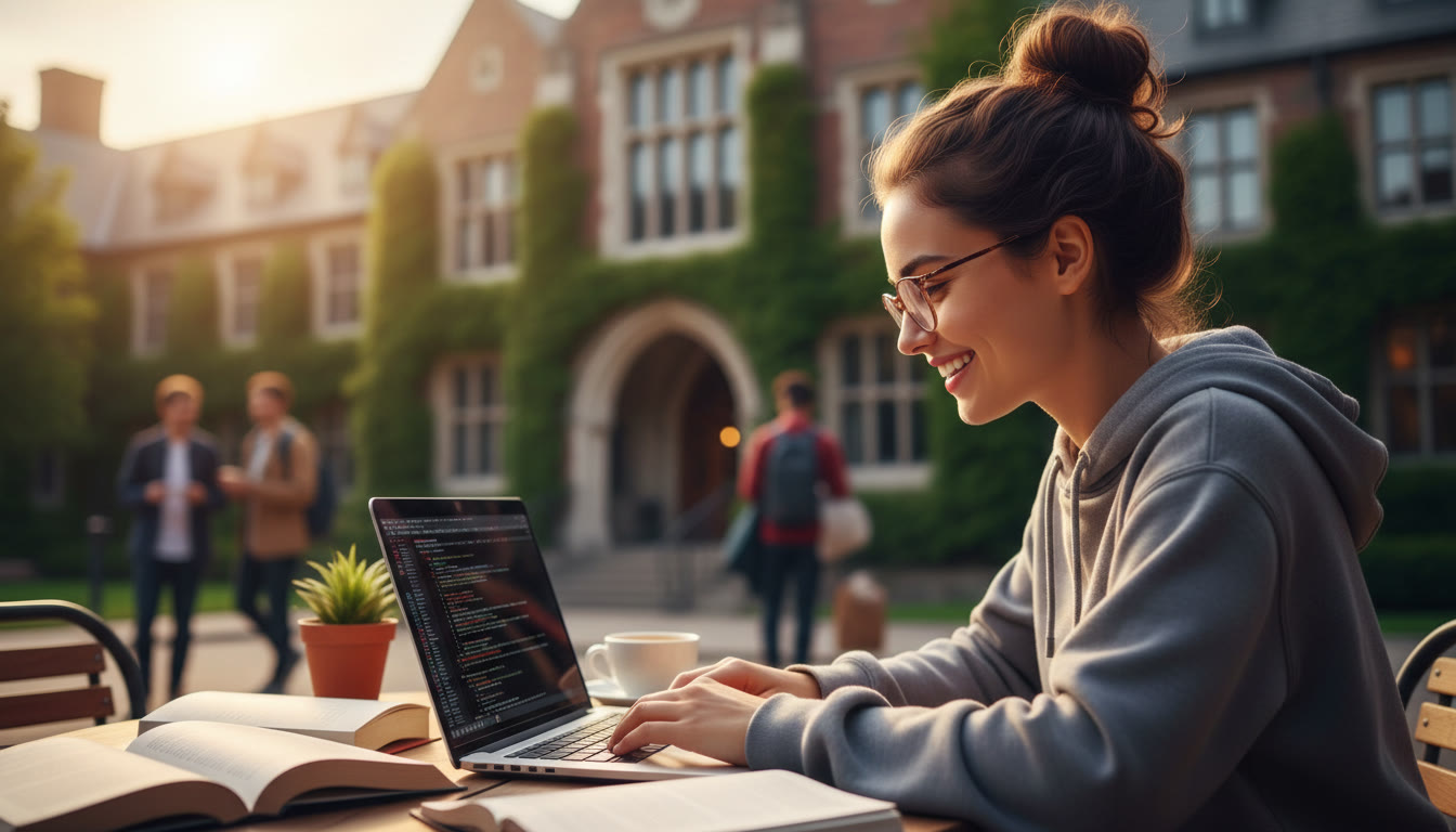 Photo Idea : A focused IB student coding at a laptop with a university building softly blurred in the background