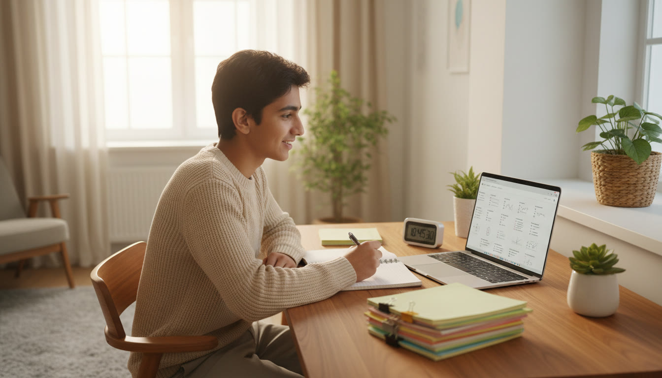Photo Idea : A focused student at a desk with neatly organized notes, a timer, and a laptop showing a practice test screen