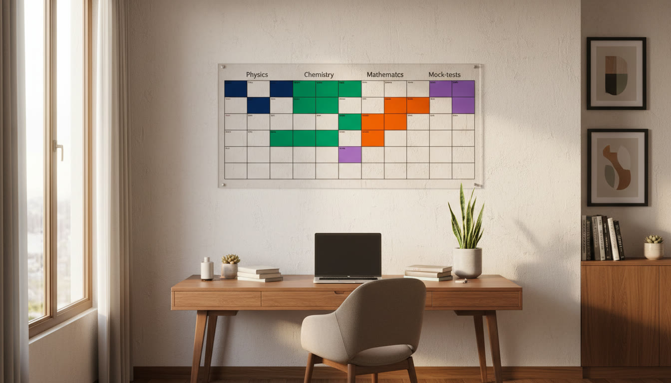 Photo Idea : A wall planner with color-coded blocks for Physics, Chemistry, Mathematics, and mock-test slots