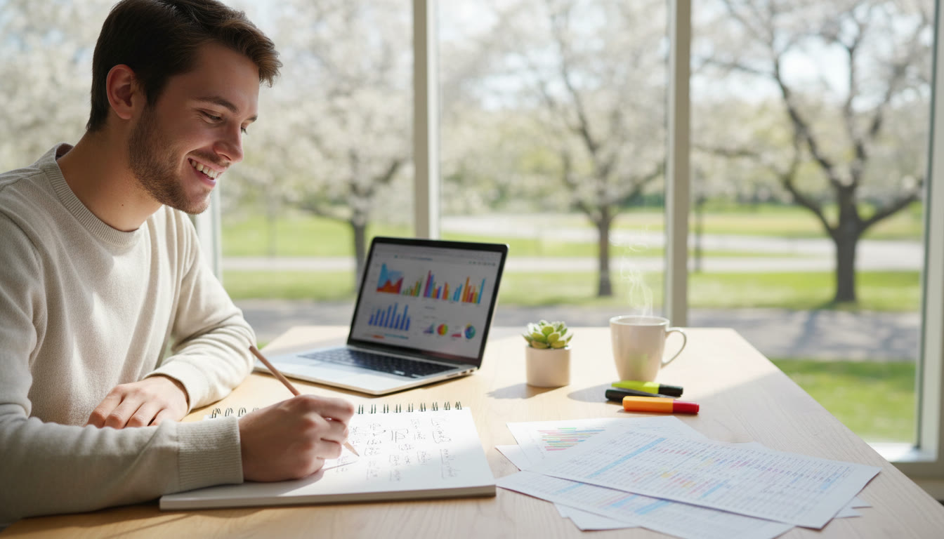 Photo Idea : A student sketching graphs and notes at a desk, laptop open, printed data tables beside them
