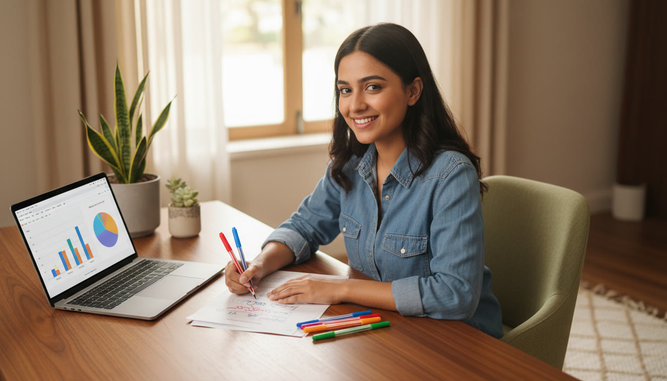 Photo Idea : Student analyzing a mock exam paper with colored pens and a laptop showing score breakdown