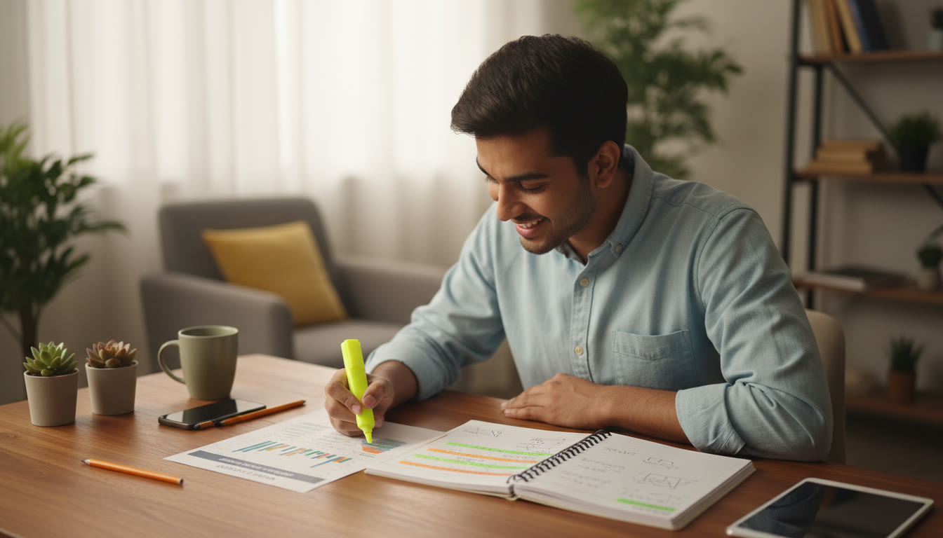 Photo Idea : A student analyzing a mock-test result sheet with a colored highlighter and a mistake log open on a desk.