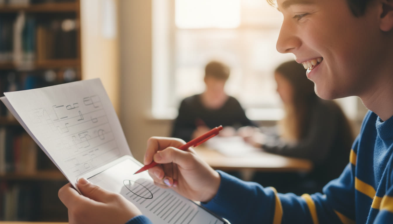 Photo Idea : Close-up of a student highlighting a printed rubric and annotating a draft