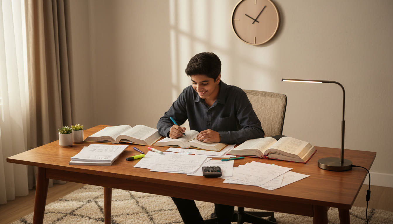 Photo Idea : A focused high-school student studying at a desk with schoolbooks and NEET/JEE notes spread out, a clock visible on the wall