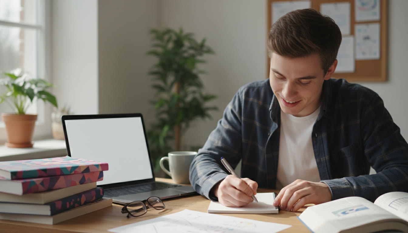 Photo Idea : Close-up of a student writing a personal statement beside textbooks and a laptop