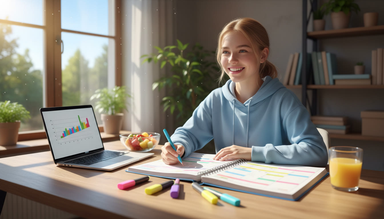 Photo Idea : Student at a sunny desk with an open planner, highlighters, and a laptop