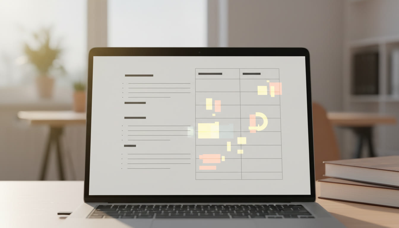 Photo Idea : Close-up of a typed IA outline on a screen with highlighted rubric keywords beside it.