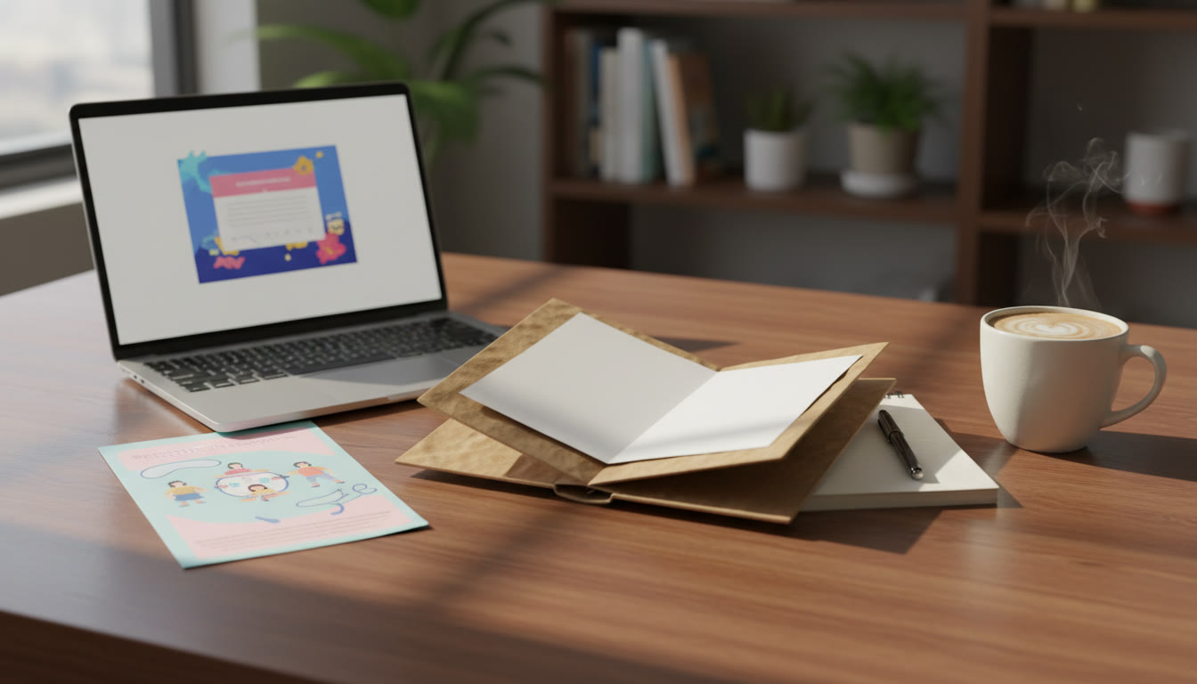 Photo Idea : a small portfolio spread on a table: notebook, laptop, a CAS project flyer, and a cup of coffee