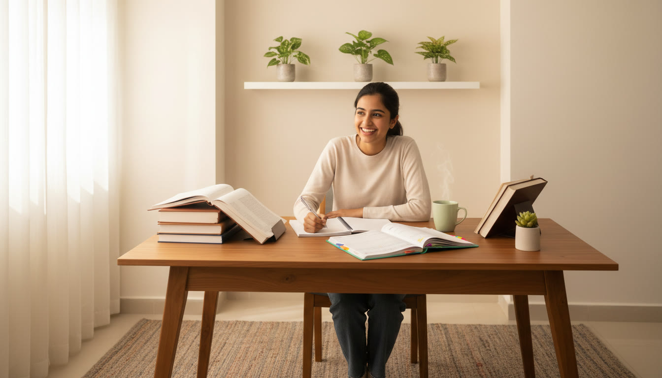 Photo Idea : Student at a tidy desk with an open notebook, a planner, and textbooks, mid-study