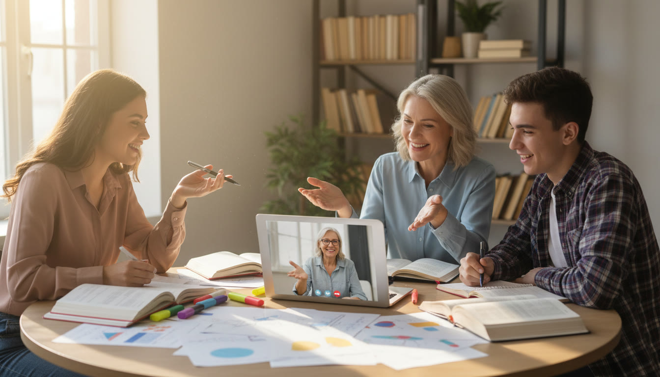 Photo Idea : Small group studying together with a tutor on a laptop and notes spread out