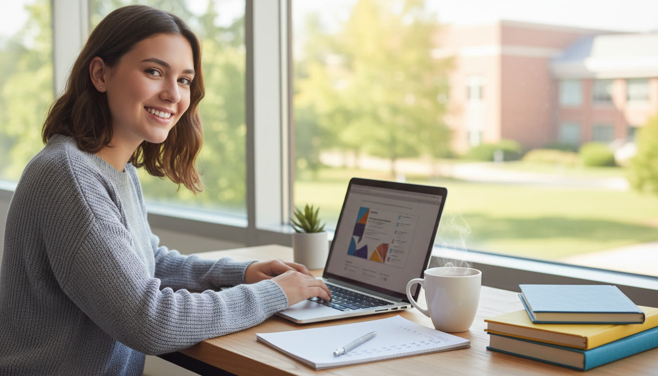 Photo Idea : Student at a tidy desk with laptop, checklist, and a mug of tea