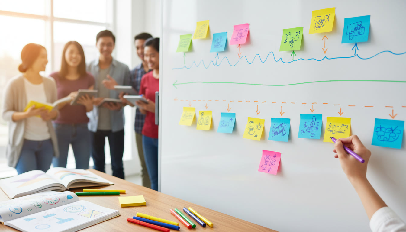 Photo Idea : whiteboard timeline with sticky notes and colored pens