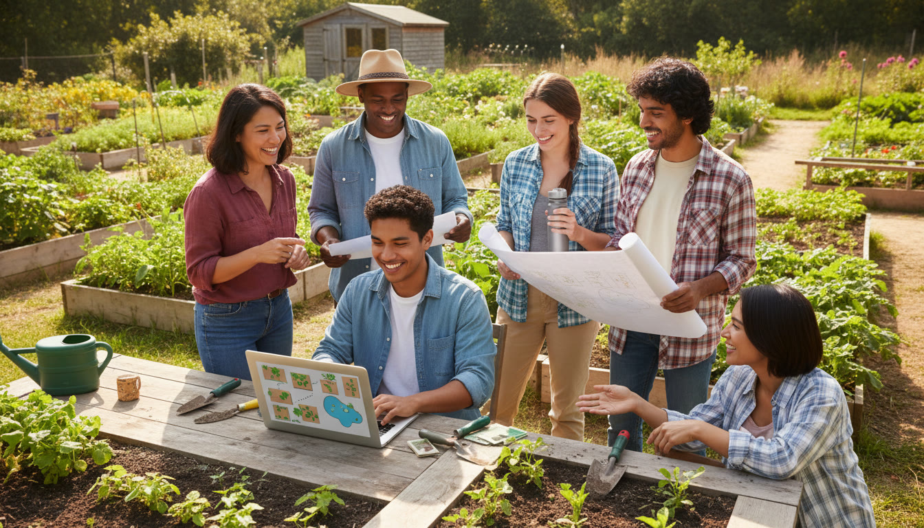 Photo Idea : A student documenting a community garden plan on a laptop with local volunteers