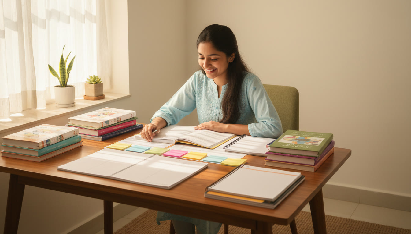 Photo Idea : A student at a desk surrounded by neatly arranged textbooks, notebooks, and sticky notes, sunlight falling on the pages
