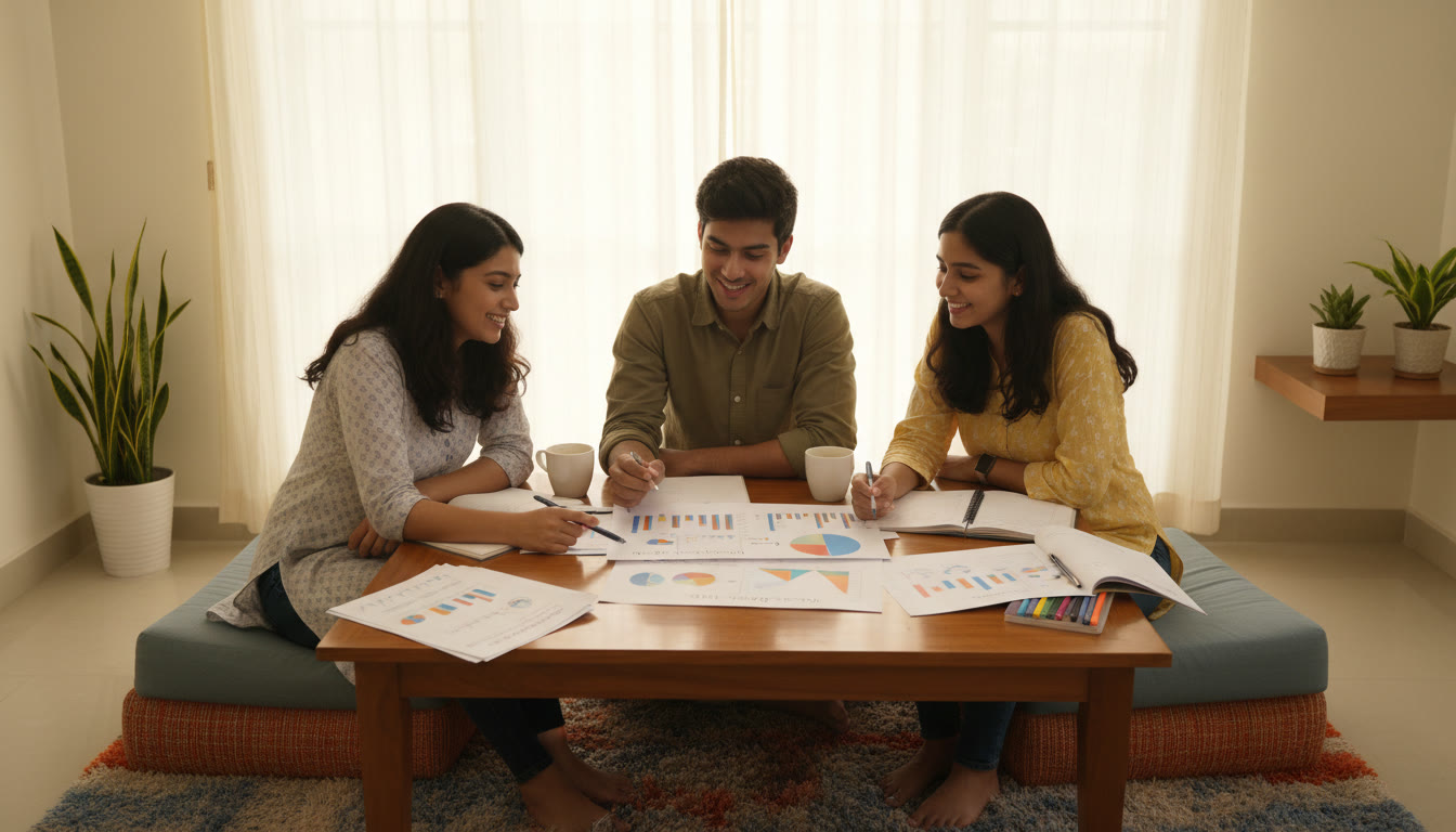 Photo Idea : A small group discussion of students analyzing a mock test report with charts and notes