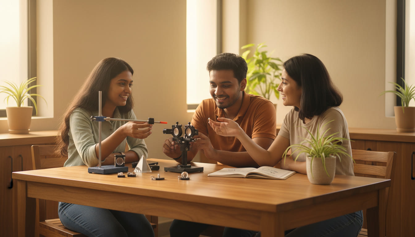 Photo Idea : students working together to set up a simple optics experiment on a lab bench