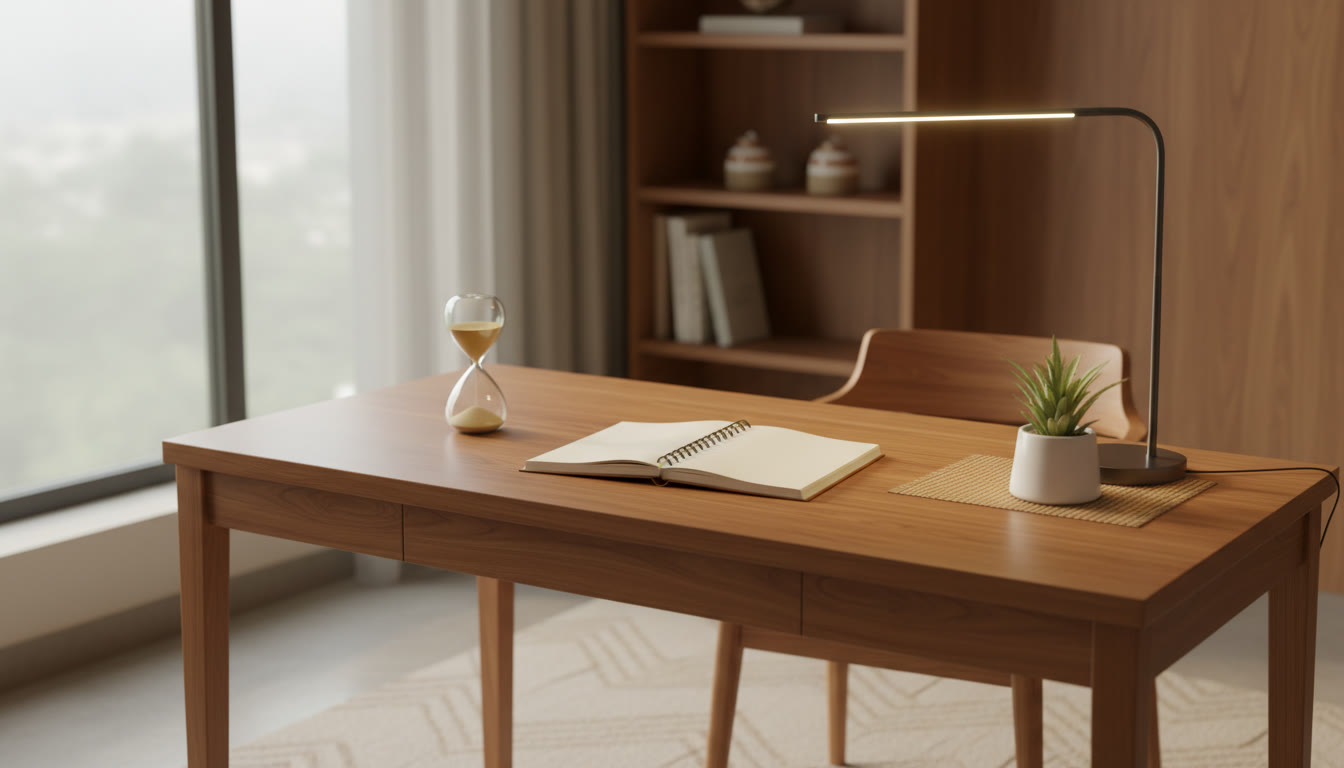 Photo Idea : A neat study desk with a timer, notebook, and a small plant to evoke calm, focused preparation