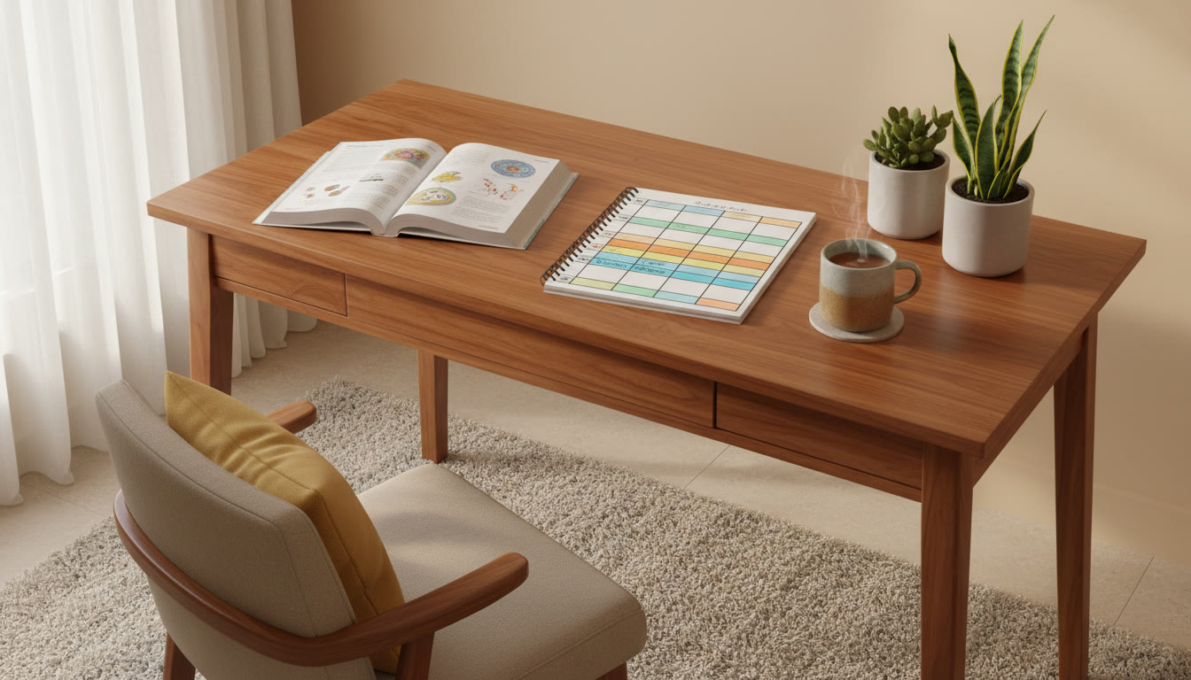 Photo Idea : A calm study corner with a neat desk, open biology book, notebook with a colorful timetable, and a warm cup of tea.