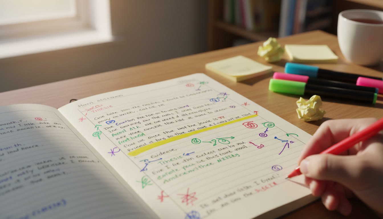 Photo Idea : Close-up of an annotated essay with highlighted thesis, evidence, and evaluation notes
